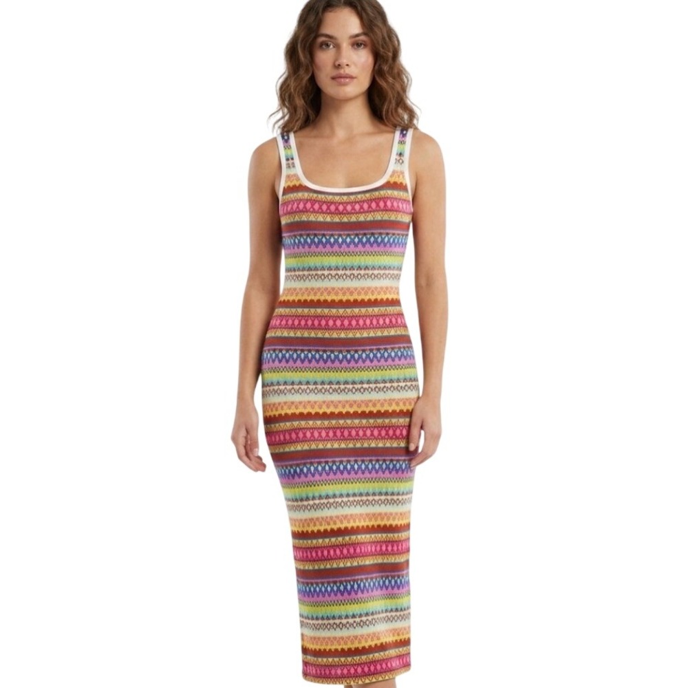 PrettyGarden Maxi Dress Womens Small Multicolor Geometric Knit Tank Bodycon 7041